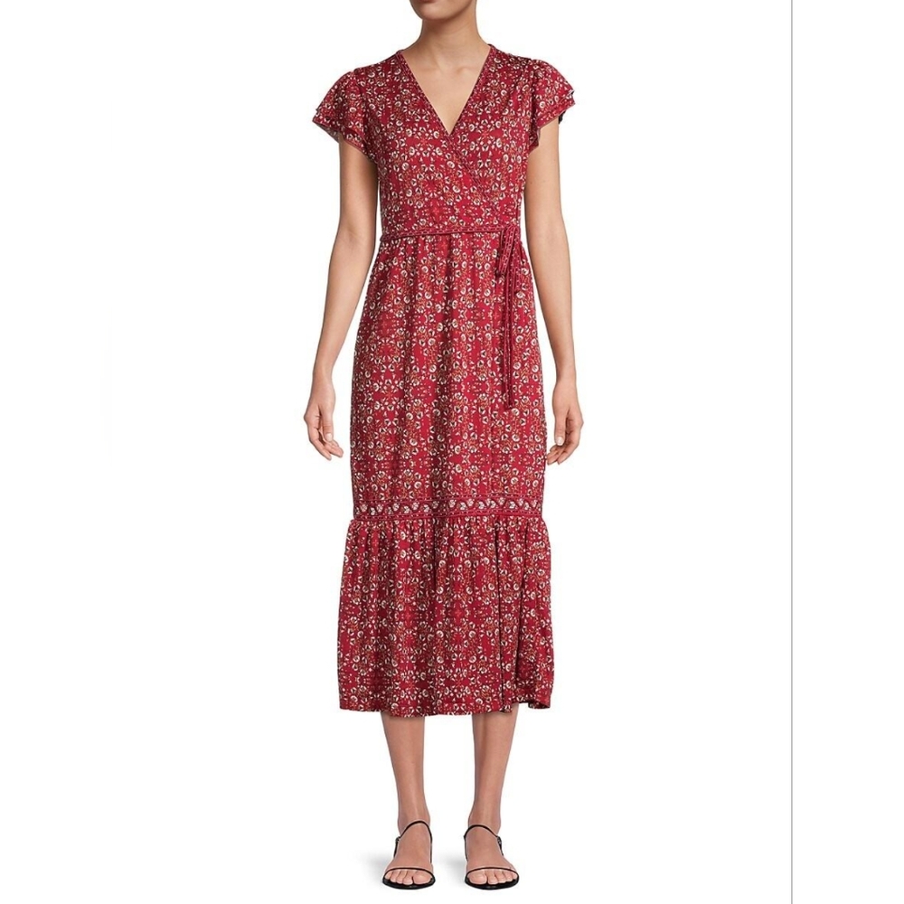MAX STUDIO Red Floral Border Midi Length Wrap V Neckline Dress Size XSmall